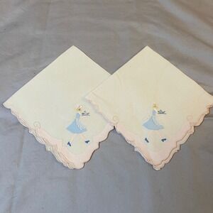 Set of 2 Vintage Embroidered towels/napkins Waitress Design‎ Pink Scalloped Edge